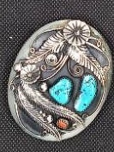 lot 37 image: Genuine turquoise and coral belt buckle