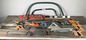 lot 263 image: Lot of Saws - Hatchet - Pry Bar  - Square - Levels & More