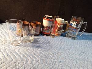 lot 103 image: Budweiser mugs, Federal duck coffee mugs, Viking Miller Lite glass and a Jack Daniels and a shot glass