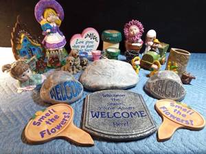 lot 87 image: Ceramic planters, welcome stones, flower stakes and more