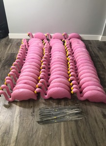 lot 303 image: 62 Pink Flamingo Yard Ornaments with Yard Stakes