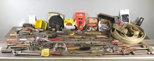 lot 338 image: Lot of Tools - Tow Strap - Sockets - Pipe Wrench - Cement Wire Tier - Tape Measures and More
