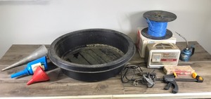 lot 350 image: Large Oil Pan - Funnels - Schauer Battery Charger - Rainbow Thumb Press Oiler - Shims - Cat 5 Cable - Tolsen Ratchet Clamp