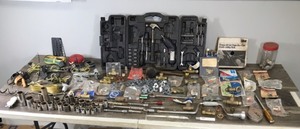 lot 381 image: Lot of Tools, Hardware and More - Large Sockets (Biggest 1 14) - Brass Fittings - Trailer Wire and More