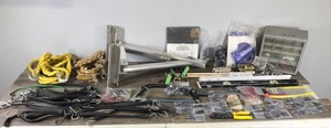 lot 385 image: Lot of Tools, Hardware and More - Ladder Jack - Tow Straps - Bungy Cords and More