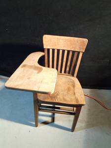 lot 15 image: Vintage solid wood school desk with attached chair