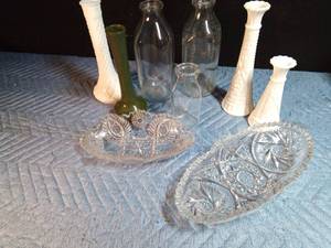 lot 118 image: 2qt milk & 1 cream bottles, 2 pressed glass relish dishes, and vases