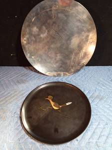lot 120 image: 10.5 round platter with inlaid Road runner of shells, coins, wood and metal, A Reed & Barton tray with pedestal, silver plated platter