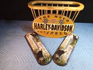 lot 165 image: Harley Davidson metal sign, 2 metal thermometers, and a magazine rack