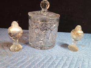 lot 165A image: Matching pressed glass cookie jar and salt & pepper shakers