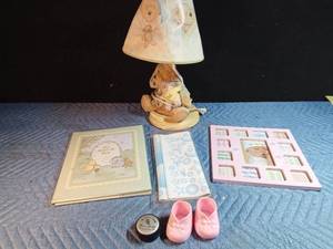 lot 168 image: Bear lamp, baby book, babys 1st years picture frame, 1st tooth trinket box, wallpaper trim, and more