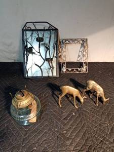 lot 211 image: Oil lamp, brass deer, metal wall candle holder and metal picture frame
