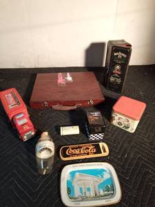 lot 219 image: Collector tins and wood case and baileys drink shaker