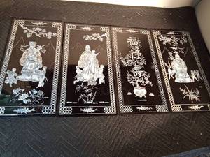 lot 218 image: 4 Vintage oriental black laquer with mother of pearl inlay wall plaques