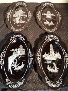 lot 221 image: Vintage Mother of Pearl inlaid Asian art plaques