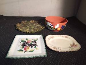 lot 223 image: Sebring platter, Italy hand painted platter, leaf pattern platter and a pottery Halloween bowl