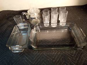 lot 228 image: Glass cake pans, bread pans, coffee pot with guts and glasses