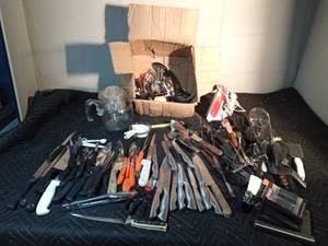 lot 229 image: Farberware & Jesco knives, utensils, iron, glass stove-top coffee pot with guts and more