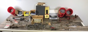lot 388 image: Lot of Tools, Hardware and More - Sockets (biggest 1 14) - Nails - Sand Paper - Tire Repair Kit - Vintage Tools & More