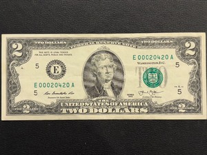 lot 101 image: 2013 Green Seal $2 Dollar Federal Reserve Note Low Serial Number Triple 0 Trinary Bill