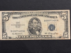 lot 79 image: 1953 Blue Seal $5 Dollar Silver Certificate Low Serial Number Triple Zeros