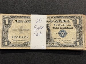 lot 82 image: 25 - Blue Seal $1 Dollar Silver Certificates