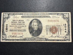 lot 1 image: 1929 Brown Seal $20 Dollar National Currency Bank of San Francisco