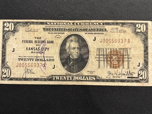 lot 25 image: 1929 Brown Seal $20 Dollar National Currency Federal Reserve Bank of Kansas City Double Numbers