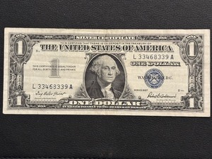lot 26 image: 1957 Blue Seal $1 Dollar Silver Certificate 2 Double 3s