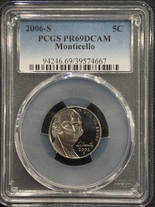 lot 33 image: 2006-S Monticello Nickel Proof PCGS PR69 Deep Cameo