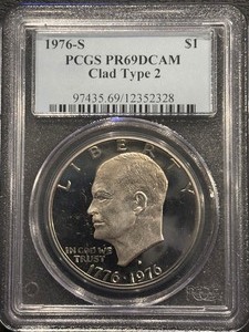 lot 37 image: 1976-S Eisenhower Dollar Proof PCGS PR69 Deep Cameo Clad Type 2