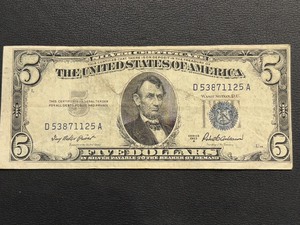 lot 58 image: 1953 A Blue Seal $5 Dollar Silver Certificate