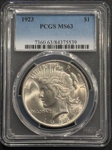 lot 49 image: 1923 Peace Dollar PCGS MS63