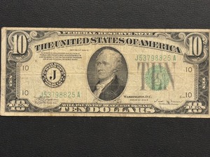 lot 51 image: 1934 B Green Seal $10 Dollar Federal Reserve Note