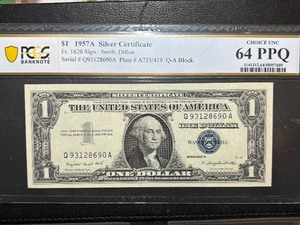 1957 A Blue Seal $1 Dollar Silver Certificate PCGS PPQ 64 Choice Uncirculated