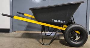 lot 3 image: Truper 6 cu ft Poly Tray Wheelbarrow with Yellow Handles
