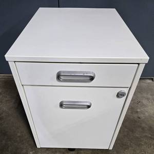lot 4 image: White Two-Drawer File Cabinet with Lock and Wheels