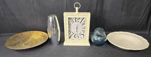 lot 26 image: Collection of Decorative Home Accents Including Plates, Clock, and Vases