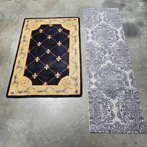 lot 34 image: Set of 2 Decorative Area Rugs - Black Floral Pattern and Grey Damask Design