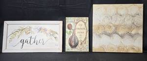 lot 40 image: Set of 3 Decorative Wall Art Pieces including Gather Sign, Eau de Cologne Print, and Abstract Canvas