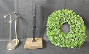 lot 74 image: Decorative Wreath, Coffee Mug Stand, and Metal Towel Stand Set