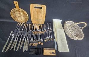 lot 53 image: Mixed Lot of Serving Utensils, Cheese Board, and Storage Basket