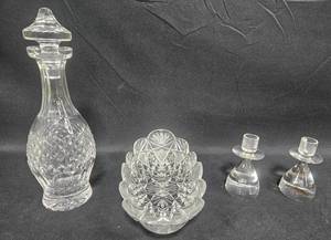 lot 66 image: Crystal Glassware Set including Carafe, Bowl, and Candle Holders