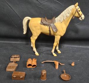 lot 100 image: Vintage Toy Horse with Saddle and Accessories Set