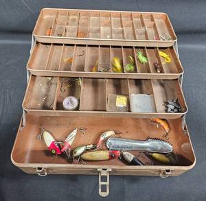lot 102 image: Vintage Fishing Tackle Box with Assorted Lures and Accessories