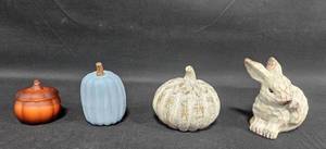 lot 43 image: Collection of 4 Decorative Fall Figurines - Rabbit and Pumpkins