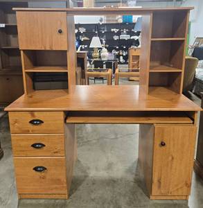 lot 10 image: Wooden Computer Desk with Hutch and Storage - 58 H x 53 W x 23 D