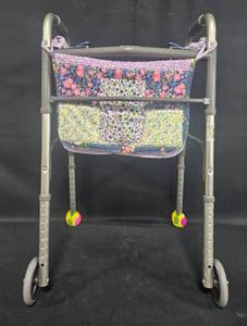 lot 28 image: Lightweight Adjustable Walker with Floral Bag and Tennis Balls