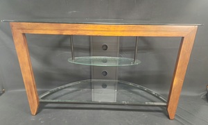 lot 32 image: Modern Glass-Top Console Table with Wooden Base - 42 Wide x 25 Height