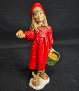 lot 58 image: Handcrafted Figurine of Girl in Red Dress with Basket of Oranges